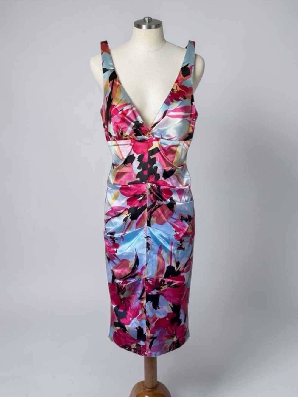 Vintage CACHE Y2K Stretch Satin Floral Ruched Cocktail Dress Sz 6 Made in USA